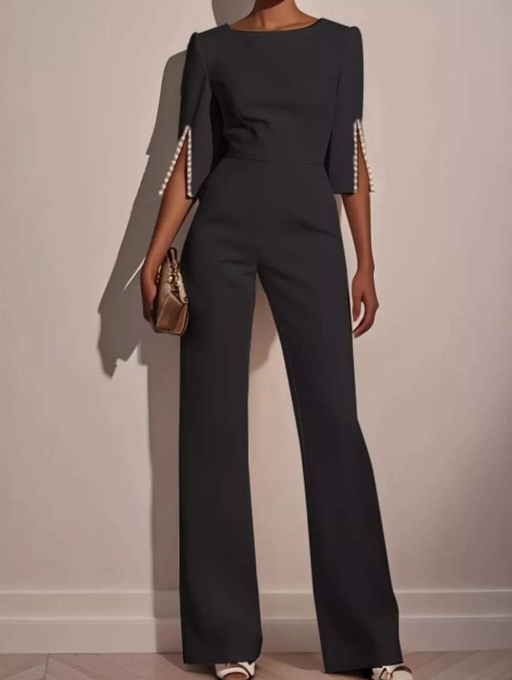 Wide-Leg Black Jumpsuit with Slit-Sleeve Detail